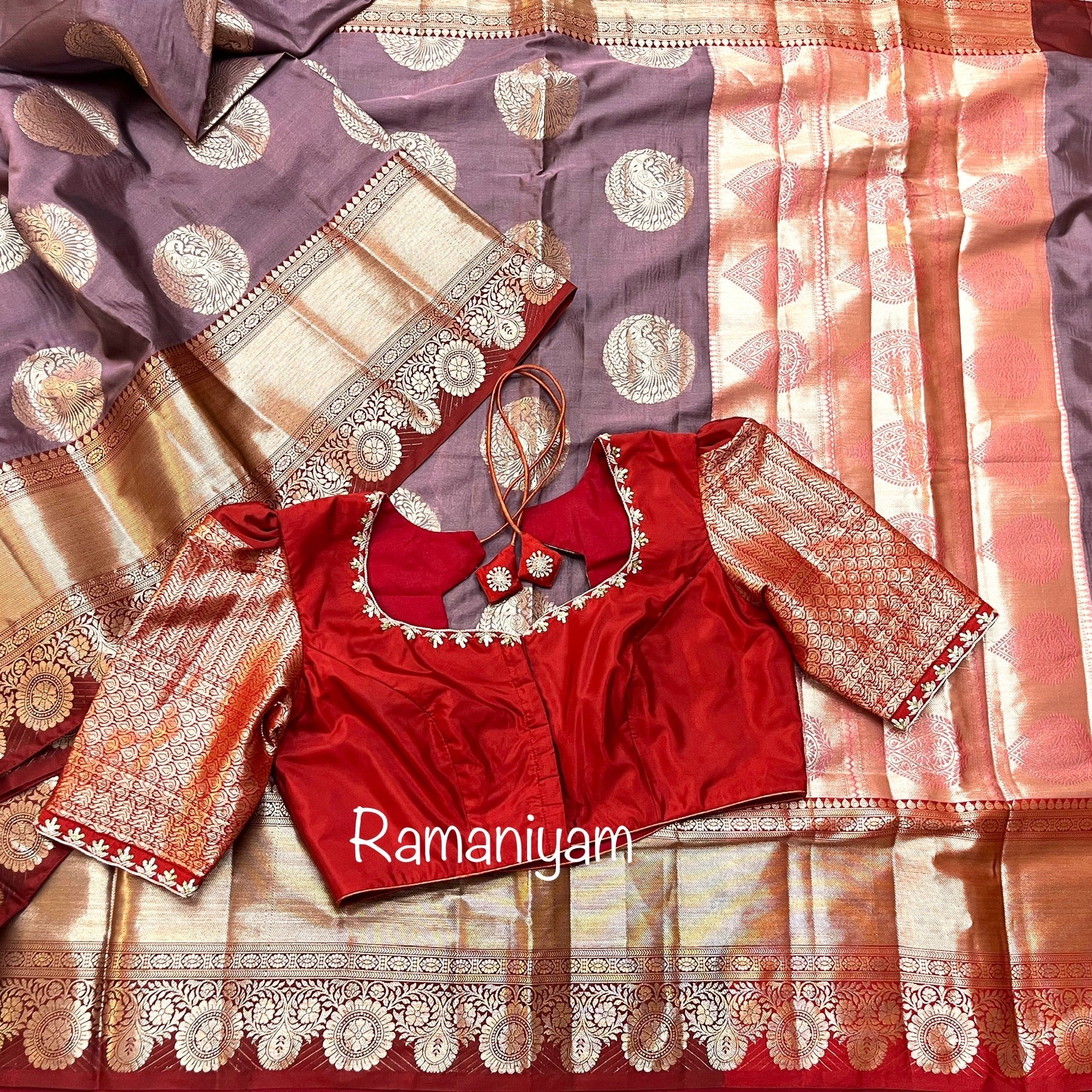 Banarasi saree with intricate Kanchi borders and hand work Blouse - Ramaniyam USA