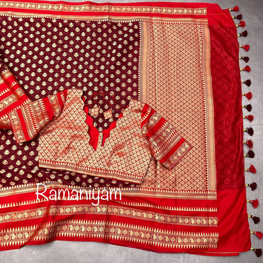 Banarasi soft silk - coffee brown and red - Ramaniyam USA