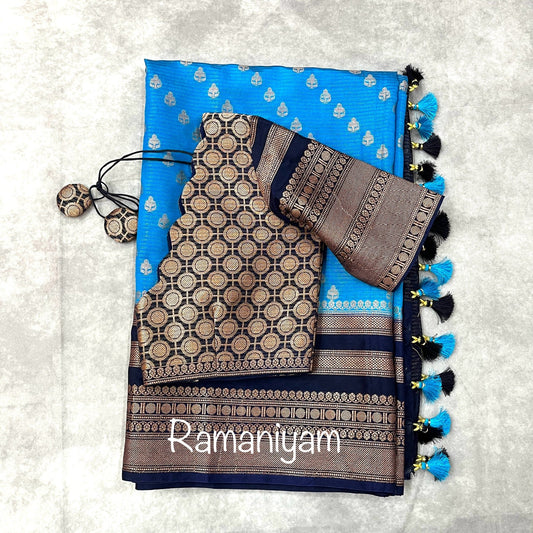 Banarasi soft silk - light blue and bark blue combination - Ramaniyam USA