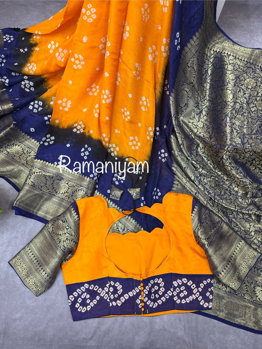 Bandhani dupion mustard yellow and navy blue - Ramaniyam USA