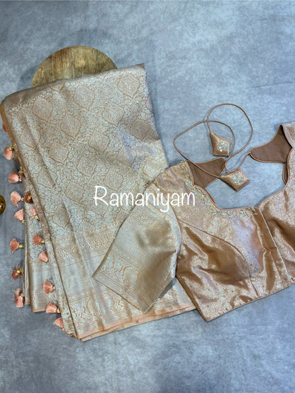 Beige and coral pink Kanchi tissue - Ramaniyam USA