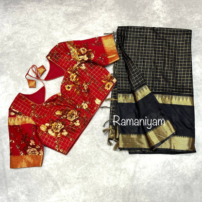 Black jari checks Mangalgiri saree - Ramaniyam USA