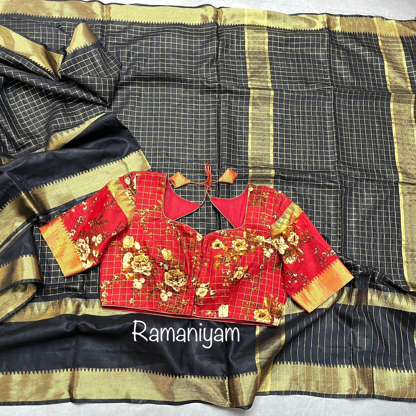 Black jari checks Mangalgiri saree - Ramaniyam USA