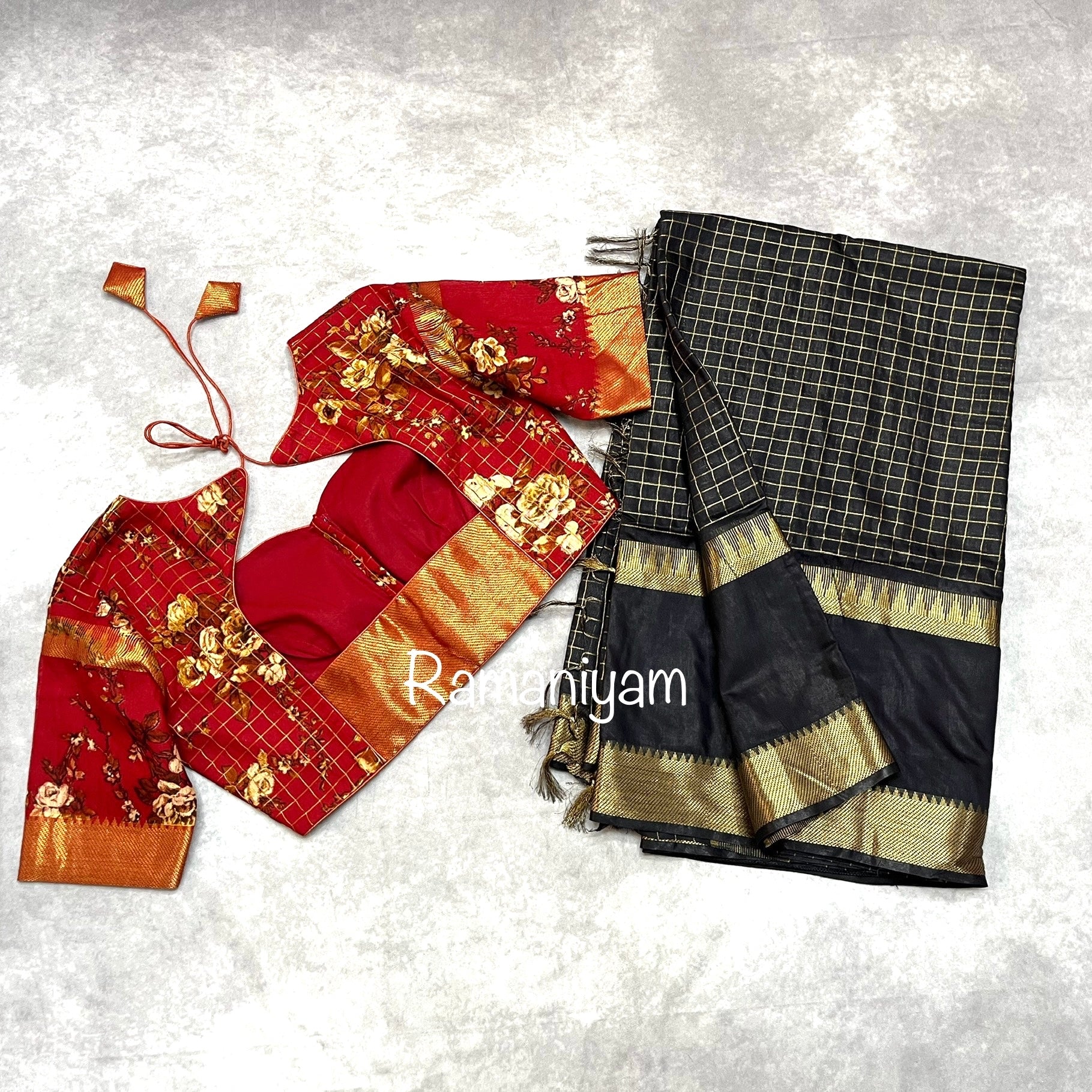 Black jari checks Mangalgiri saree - Ramaniyam USA