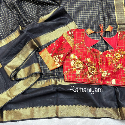 Black jari checks Mangalgiri saree - Ramaniyam USA