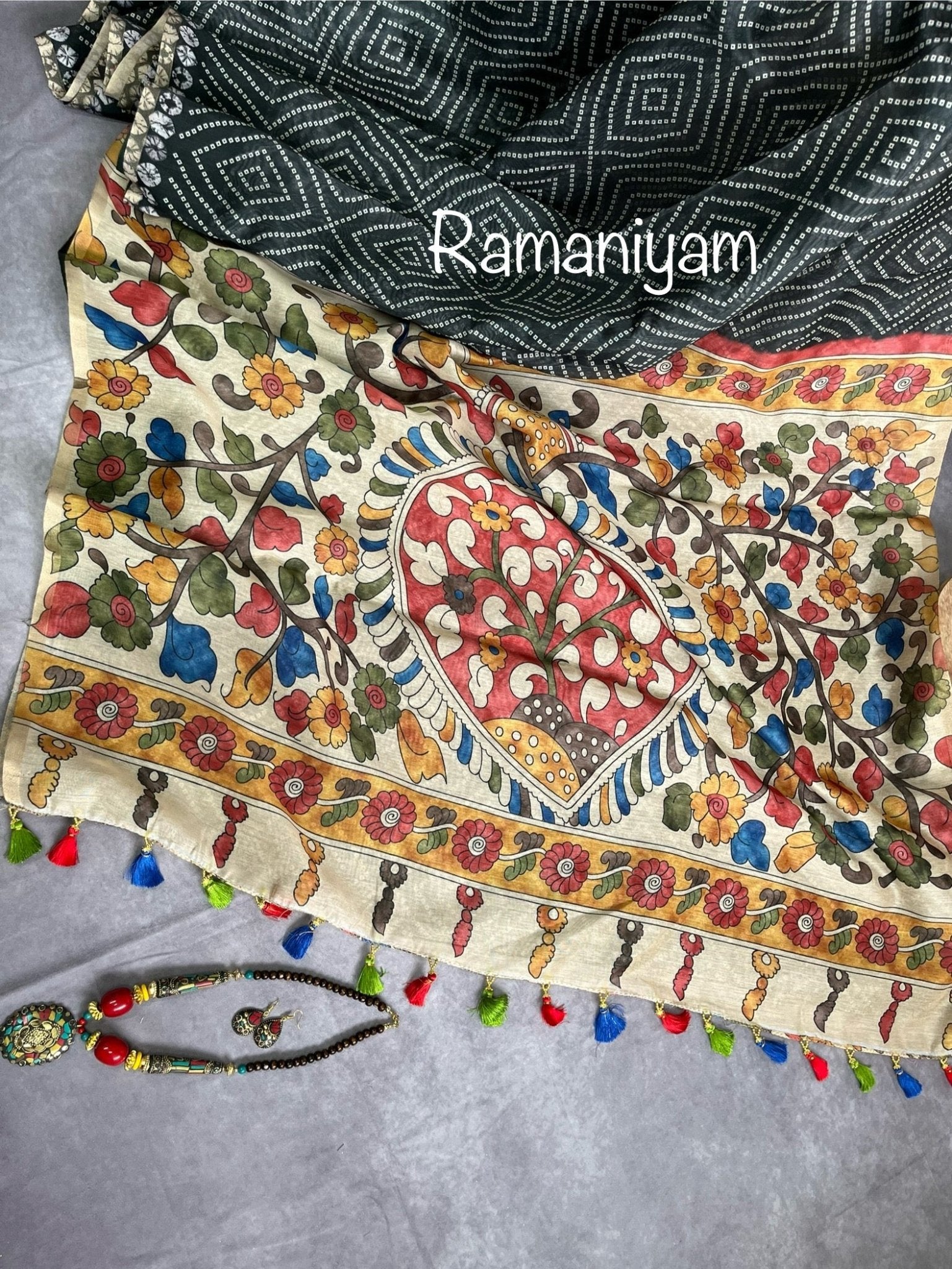 Black Organza Bandhani saree with a Kalamkari pallu - Ramaniyam USA