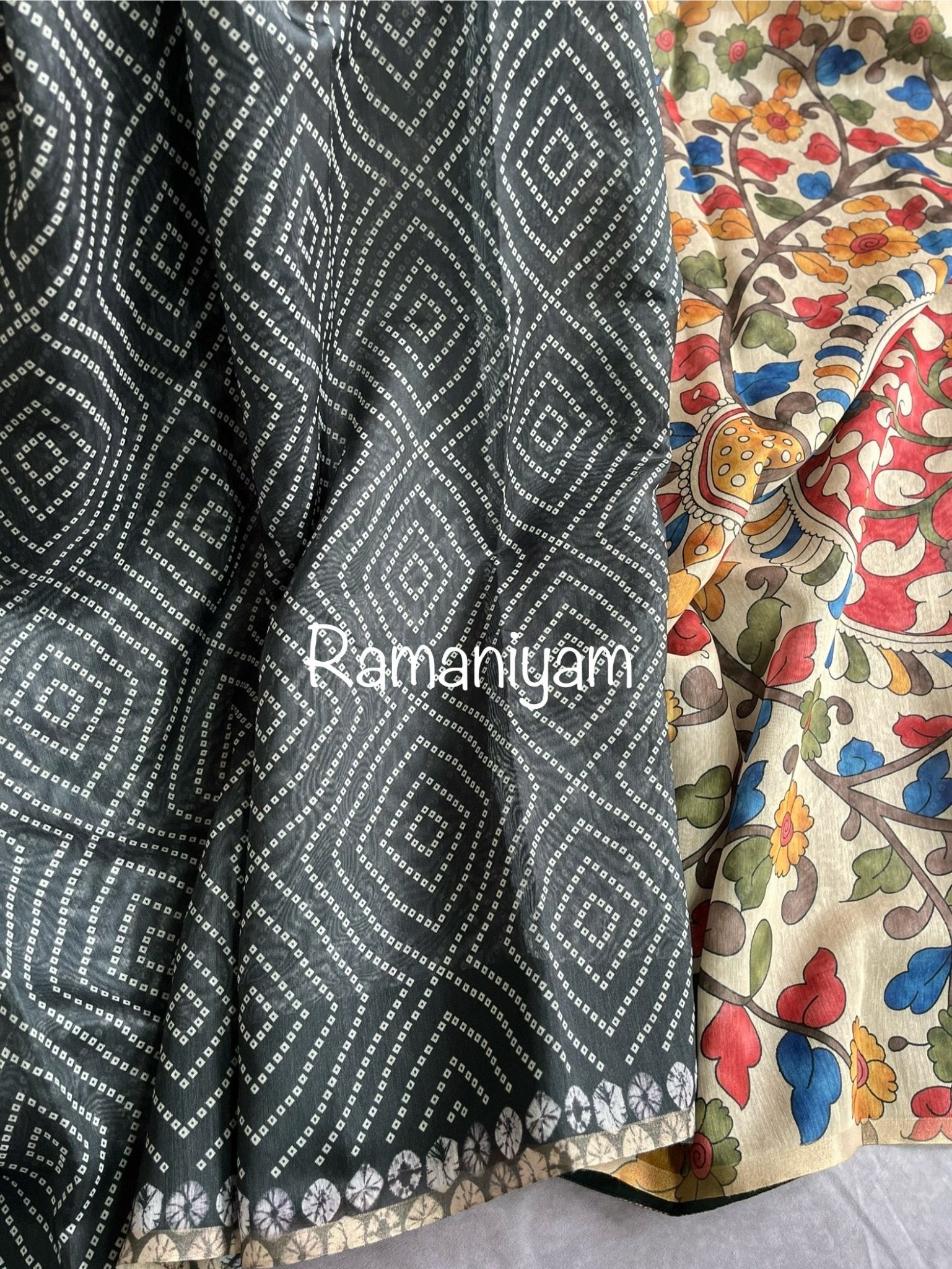 Black Organza Bandhani saree with a Kalamkari pallu - Ramaniyam USA