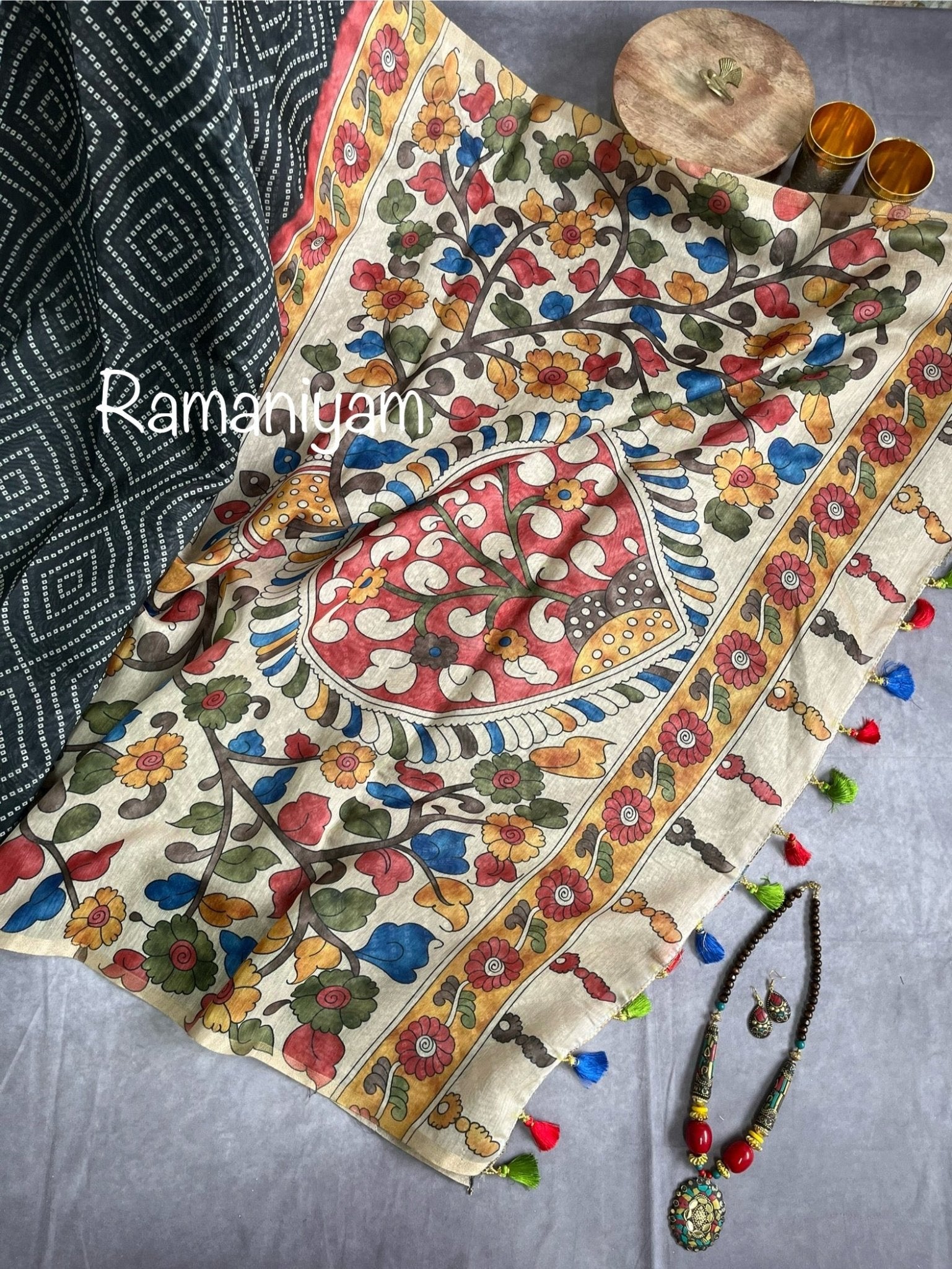 Black Organza Bandhani saree with a Kalamkari pallu - Ramaniyam USA