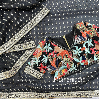 Black organza saree Sabhyasachi inspired Indian jungle concept thread work black blouse - Ramaniyam USA