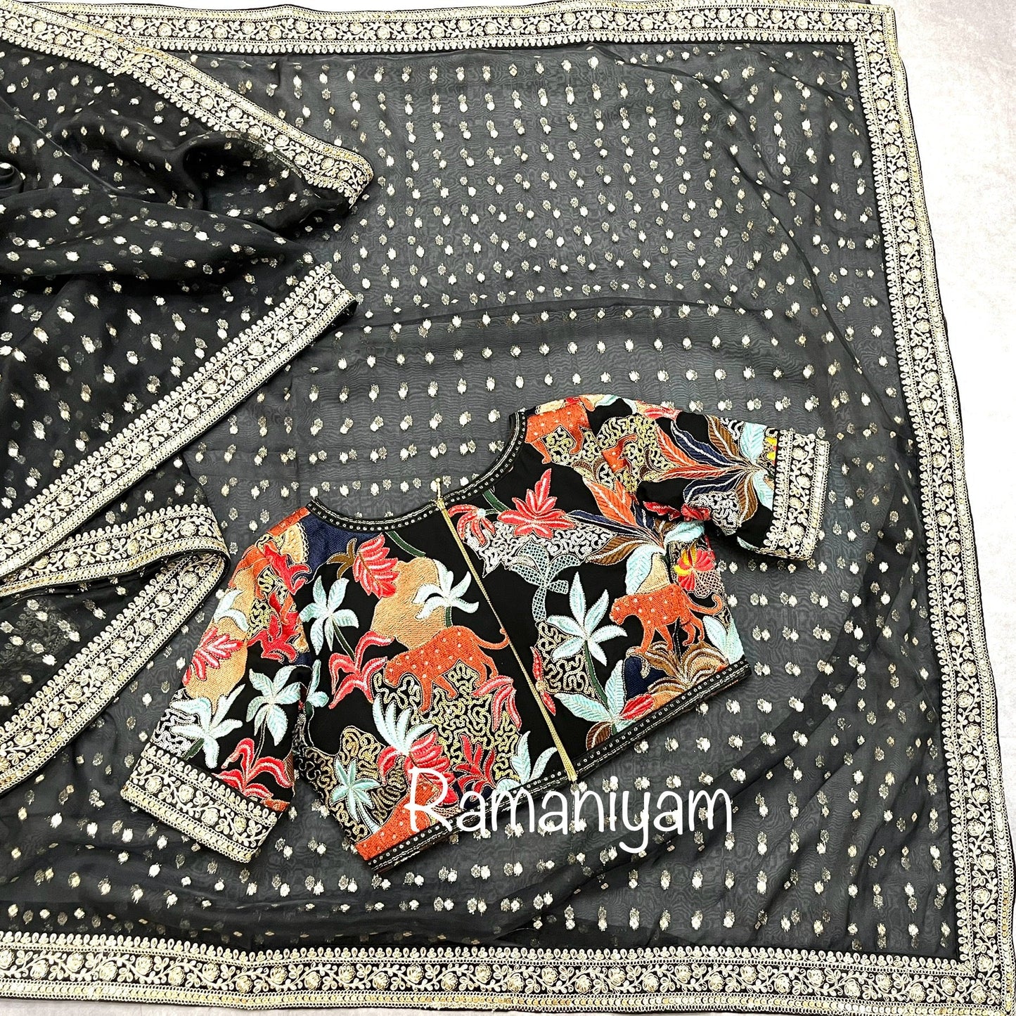 Black organza saree Sabhyasachi inspired Indian jungle concept thread work black blouse - Ramaniyam USA