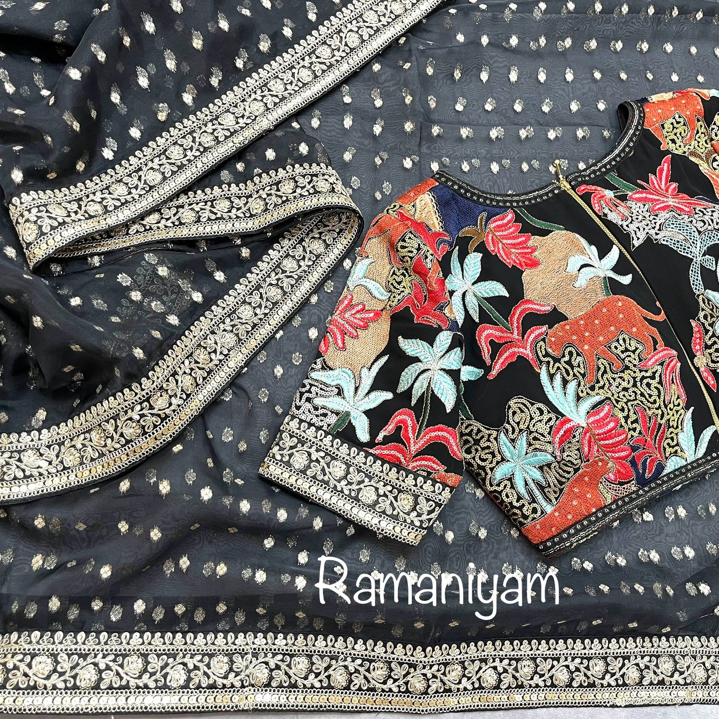 Black organza saree Sabhyasachi inspired Indian jungle concept thread work black blouse - Ramaniyam USA