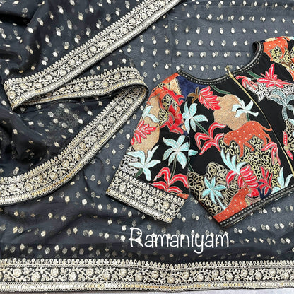 Black organza saree Sabhyasachi inspired Indian jungle concept thread work black blouse - Ramaniyam USA