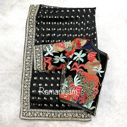 Black organza saree Sabhyasachi inspired Indian jungle concept thread work black blouse - Ramaniyam USA