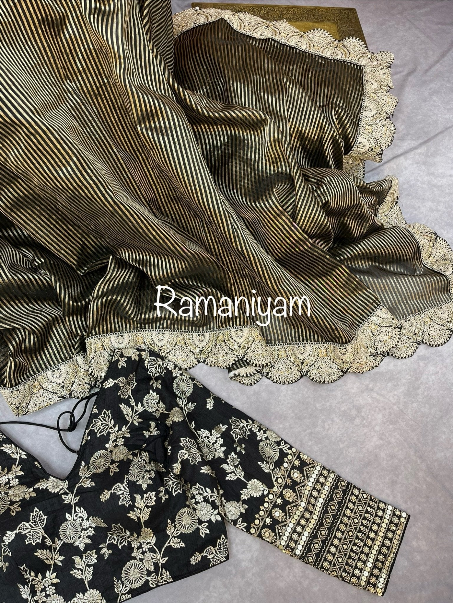 Black tissue organza strips saree - Ramaniyam USA