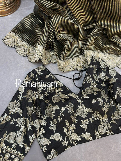 Black tissue organza strips saree - Ramaniyam USA