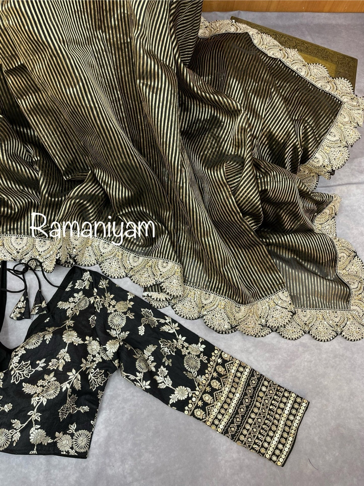 Black tissue organza strips saree - Ramaniyam USA