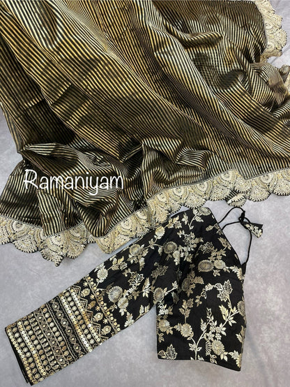 Black tissue organza strips saree - Ramaniyam USA