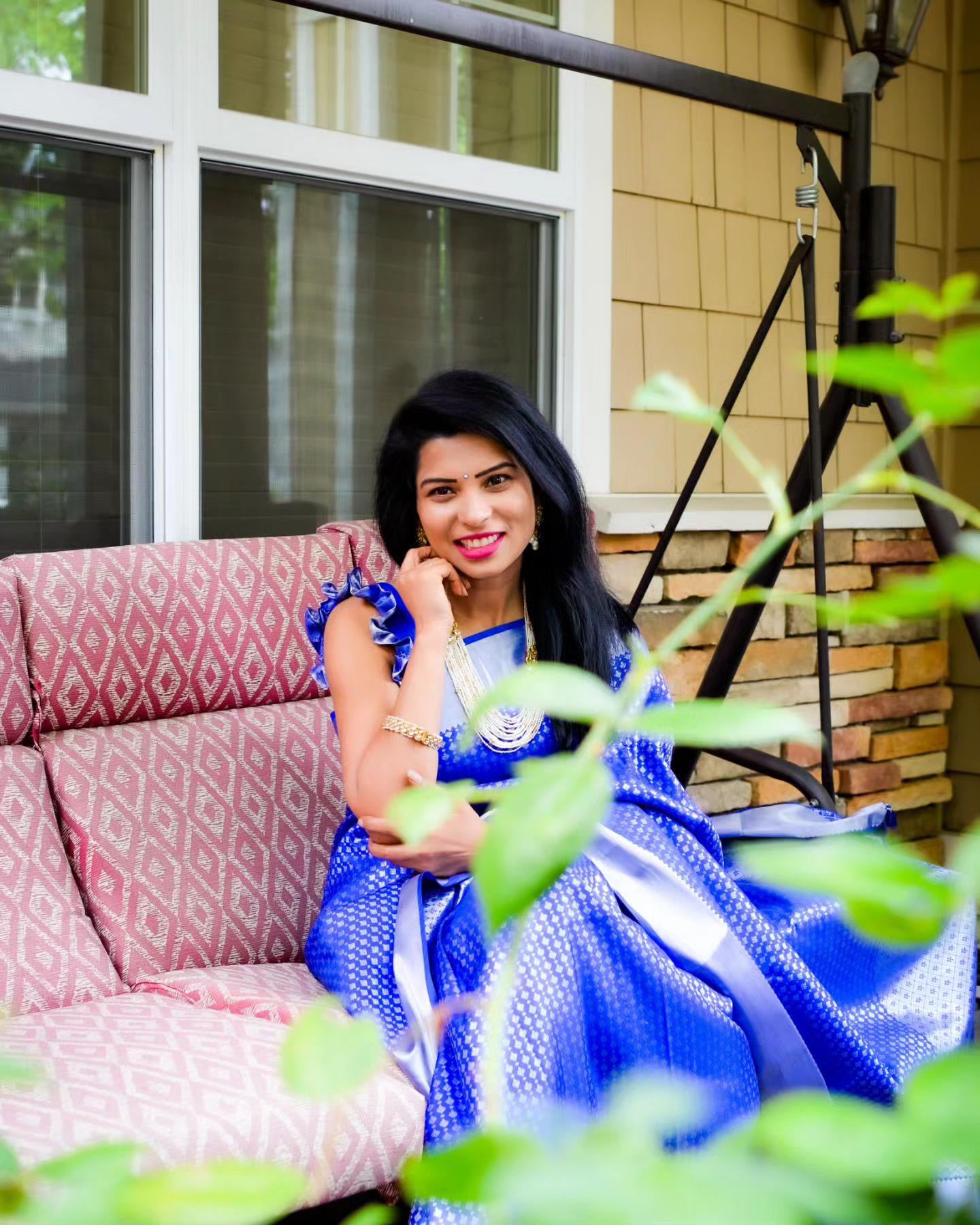 Blue Kanchi Saree with Silver Borders - Ramaniyam USA