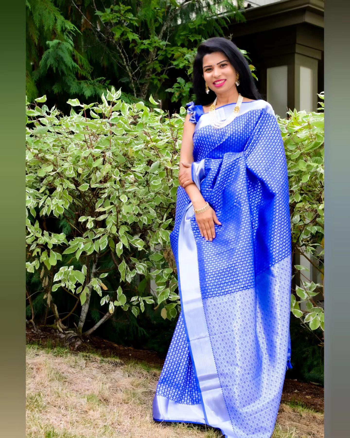 Blue Kanchi Saree with Silver Borders - Ramaniyam USA