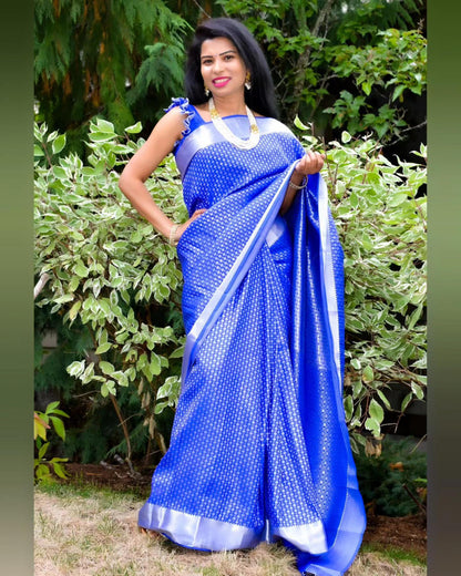 Blue Kanchi Saree with Silver Borders - Ramaniyam USA