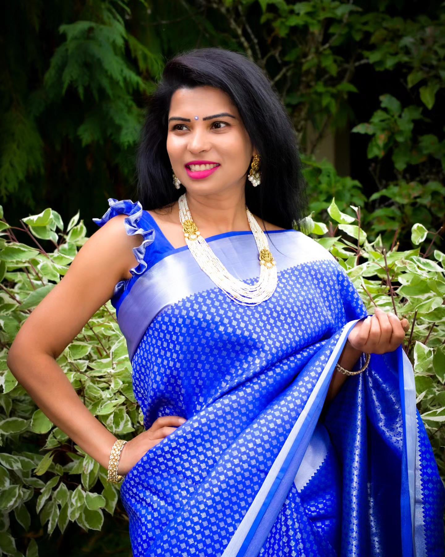 Blue Kanchi Saree with Silver Borders - Ramaniyam USA