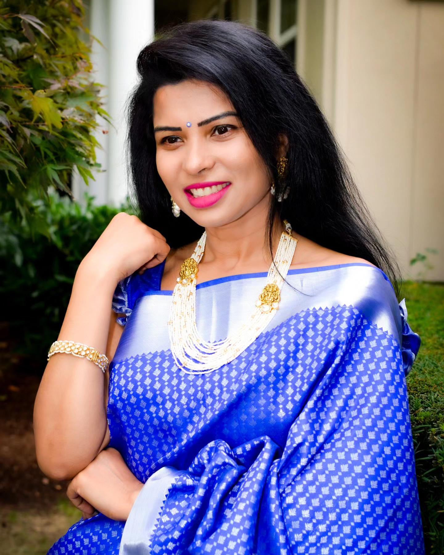 Blue Kanchi Saree with Silver Borders - Ramaniyam USA