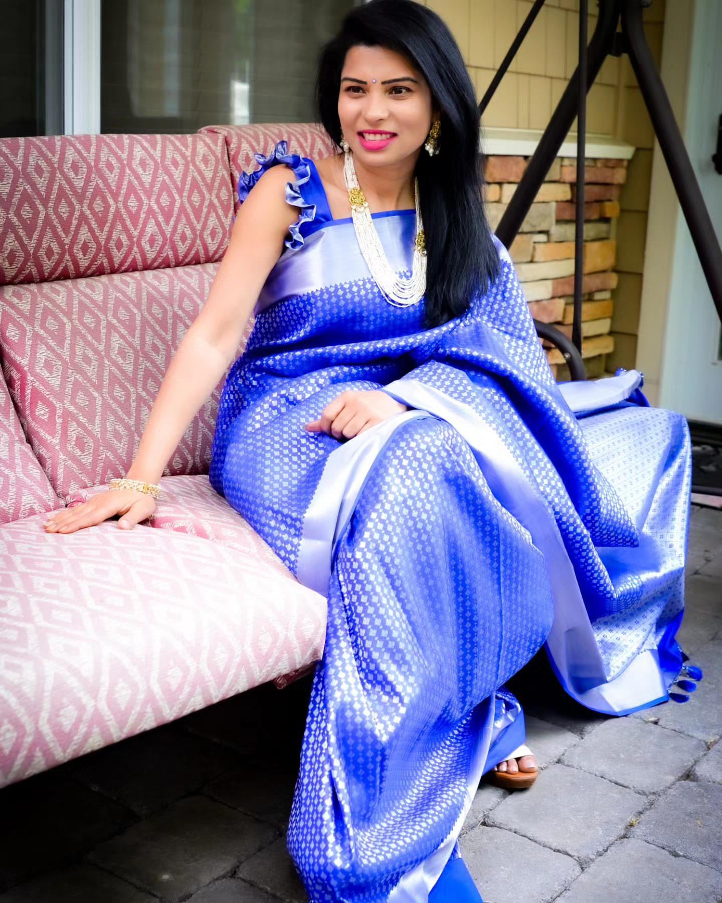 Blue Kanchi Saree with Silver Borders - Ramaniyam USA