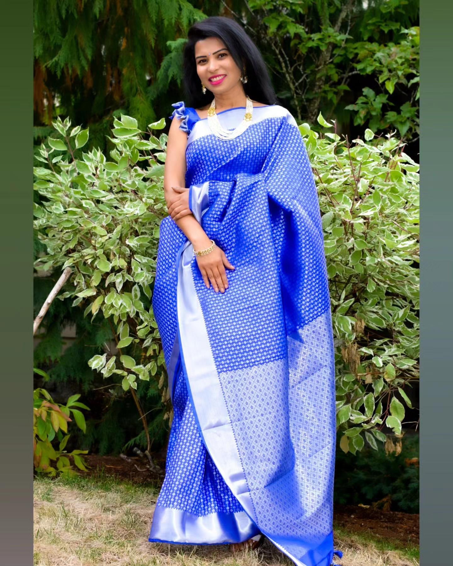 Blue Kanchi Saree with Silver Borders - Ramaniyam USA