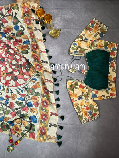 Bottle green Organza Bandhani saree with a Kalamkari pallu - Ramaniyam USA