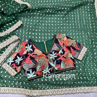 Bottle green organza saree Sabhyasachi inspired Indian jungle concept thread work purple blouse - Ramaniyam USA