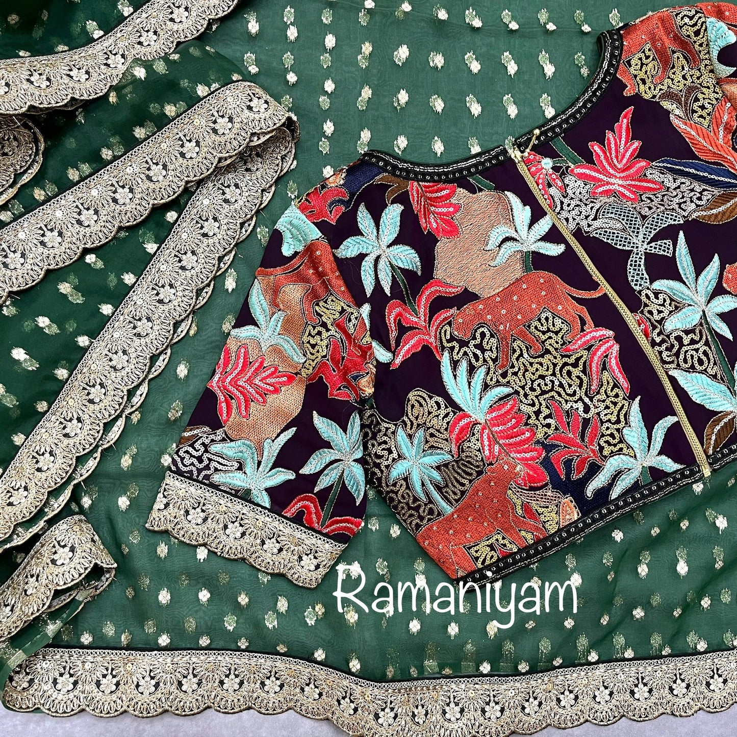 Bottle green organza saree Sabhyasachi inspired Indian jungle concept thread work purple blouse - Ramaniyam USA