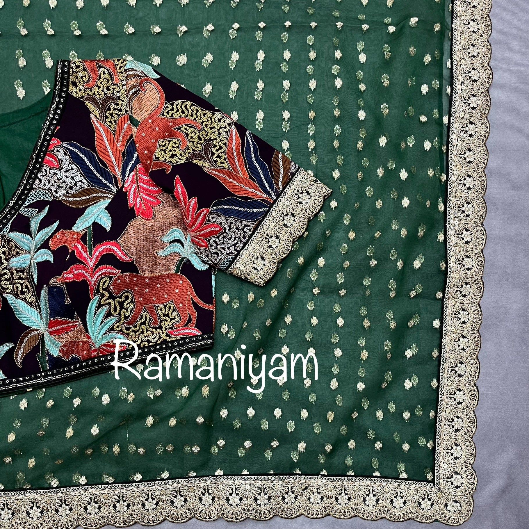 Bottle green organza saree Sabhyasachi inspired Indian jungle concept thread work purple blouse - Ramaniyam USA