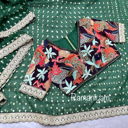 Bottle green organza saree Sabhyasachi inspired Indian jungle concept thread work purple blouse - Ramaniyam USA