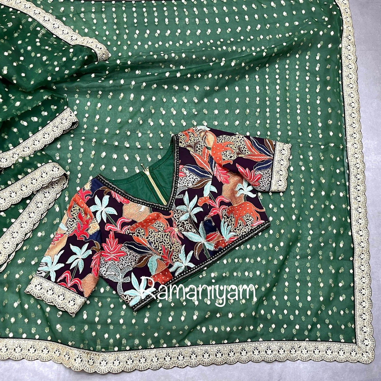 Bottle green organza saree Sabhyasachi inspired Indian jungle concept thread work purple blouse - Ramaniyam USA