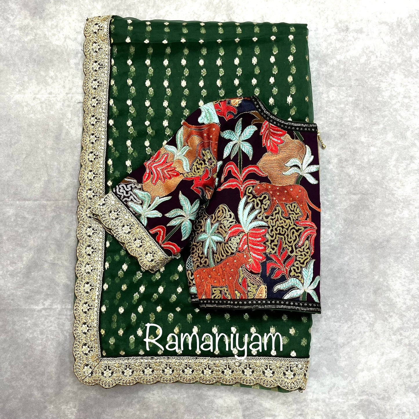 Bottle green organza saree Sabhyasachi inspired Indian jungle concept thread work purple blouse - Ramaniyam USA