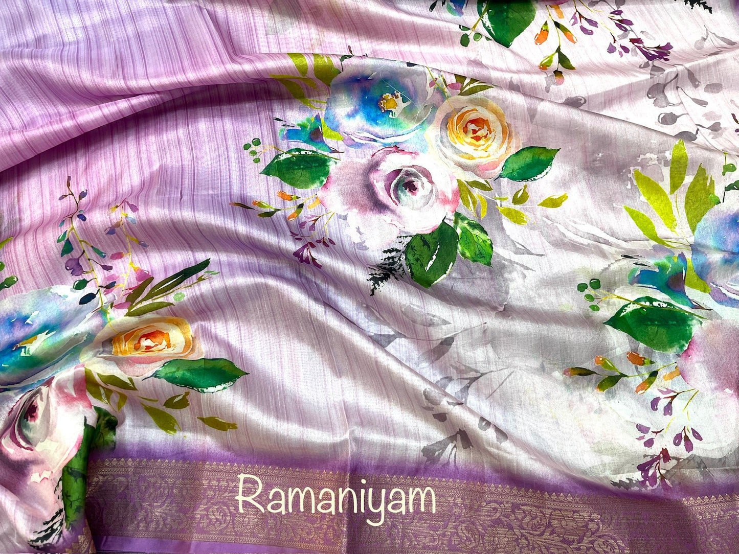 Brush Paint Floral Chinon Silk Saree - Ramaniyam USA