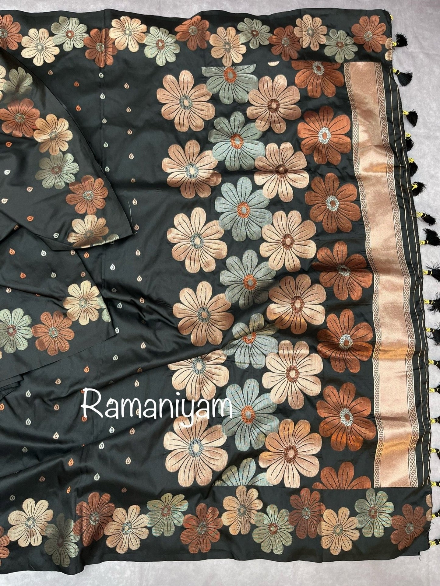 Carbon black trendy floral weave Kanchi light weight Saree - Ramaniyam USA