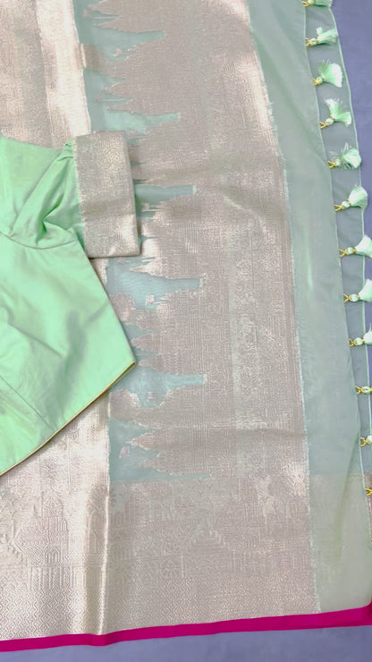 Mint green Banarasi ghat motifs saree